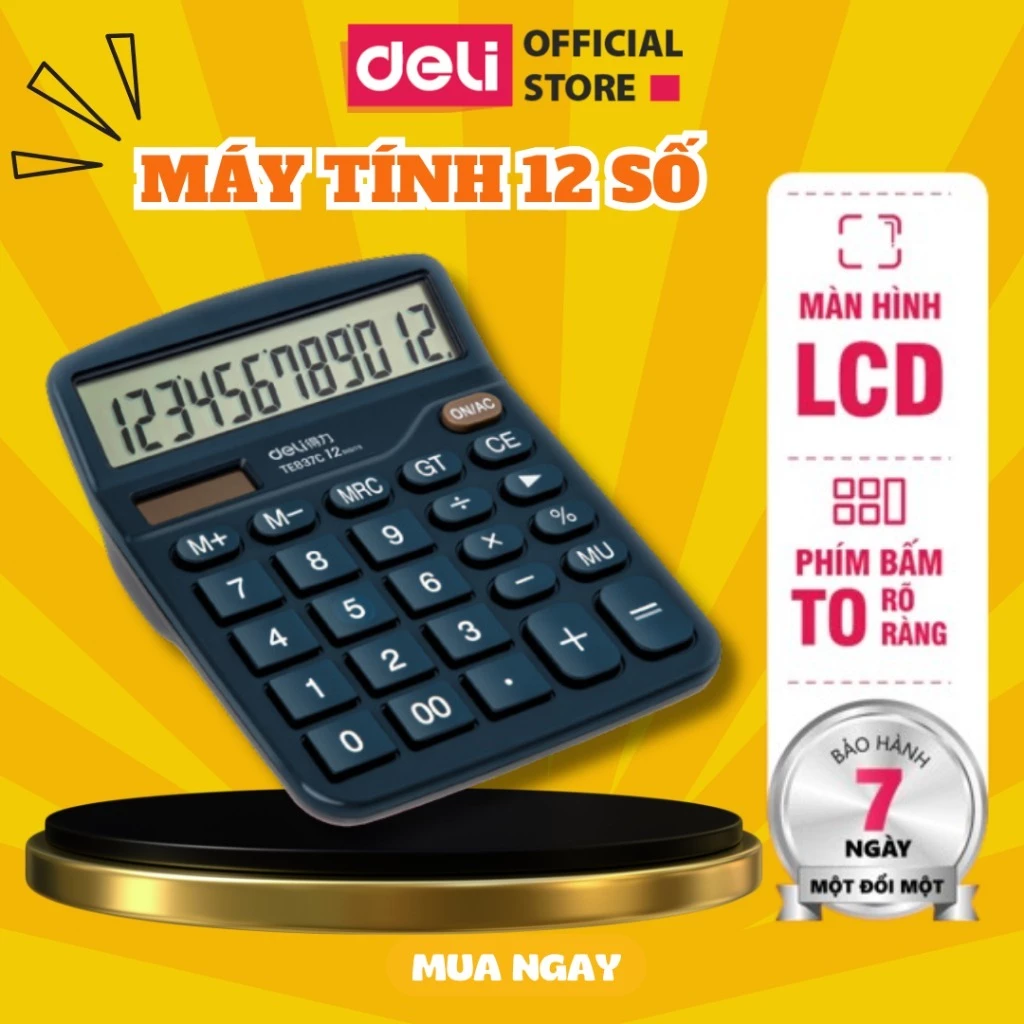 Máy Tính Cầm Tay DELI Để Bàn 12 Số - Màn Hình LCD - Dùng Cho Học Sinh Văn Phòng - Bảo Hành 3 Năm