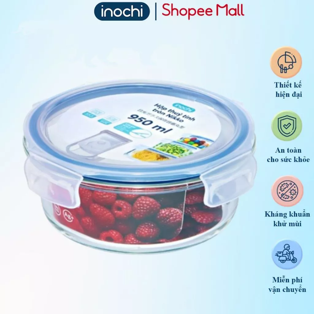 Hộp cơm thủy tinh tròn 1 ngăn 950 ml, đựng thức ăn văn phòng, thực phẩm, Inochi , chịu nhiệt cao