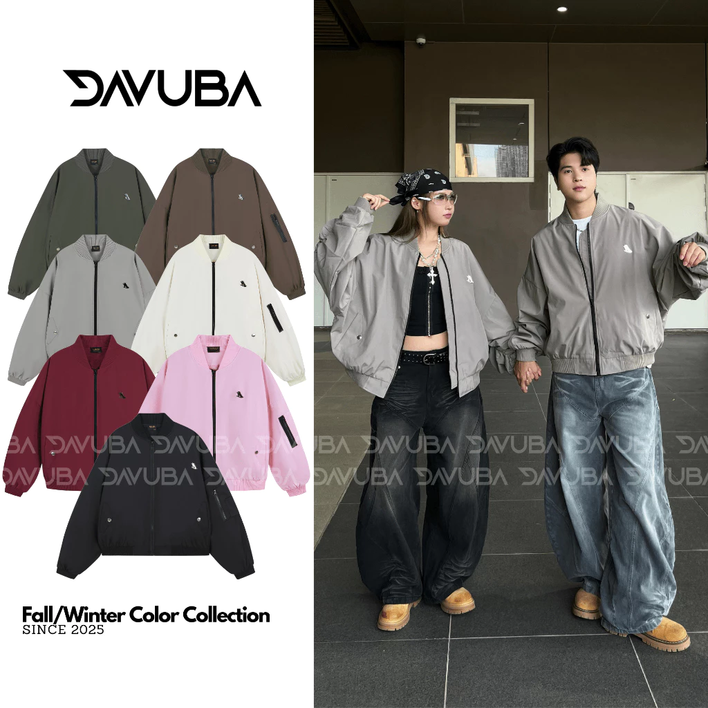 [Deal Mở Bán] DAVUBA l Áo Khoác Bomber Signature Tay Nhúm Logo Thiếc Form Boxy SM152