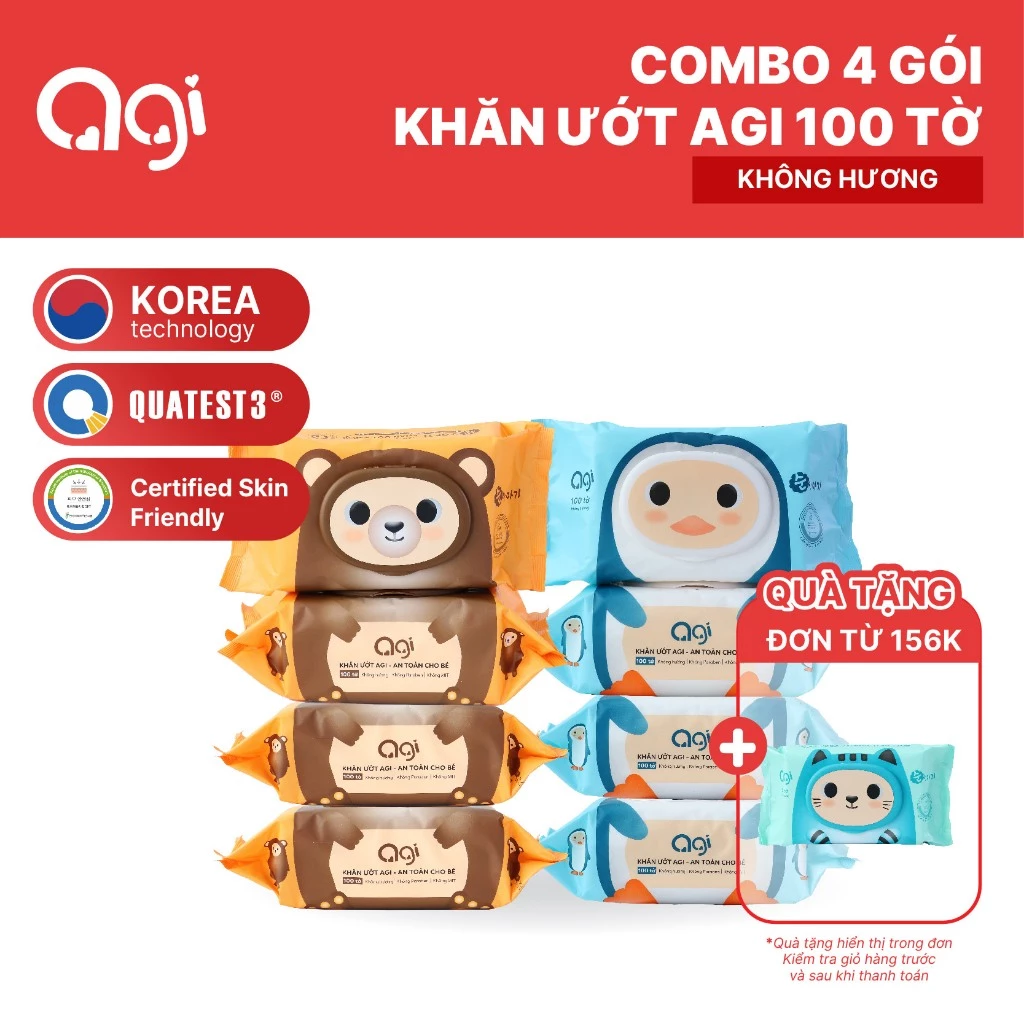 Combo 4 gói khăn giấy ướt Agi 100 tờ không hương an toàn, siêu tiết kiệm (BAO BÌ MỚI)