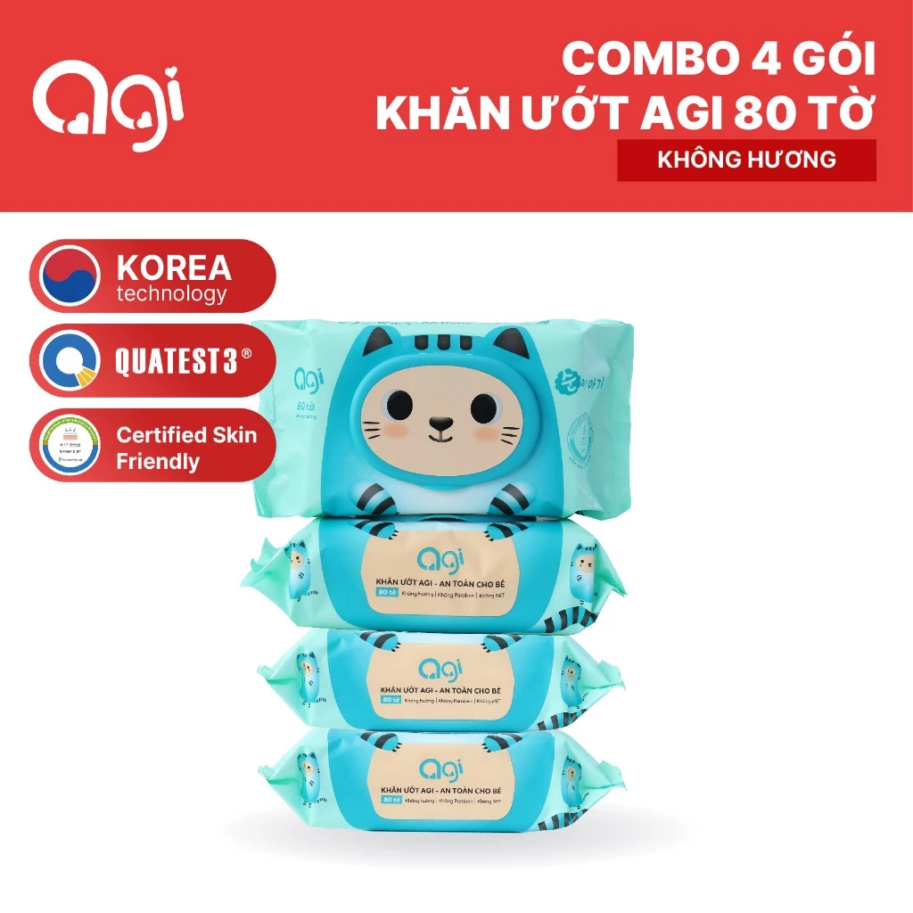 Combo 4 gói khăn giấy ướt Agi 80 tờ không hương - Con Mèo (BAO BÌ MỚI)