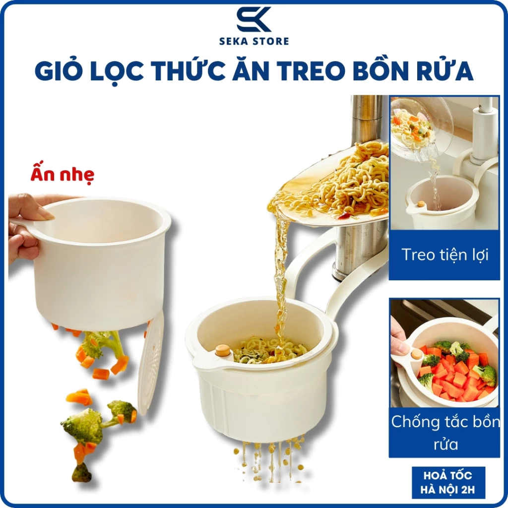 Giỏ Lọc Rác Treo Bồn Rửa Chén Có Nút Nhấn Đổ Rác, Lọc Đồ Ăn Thừa