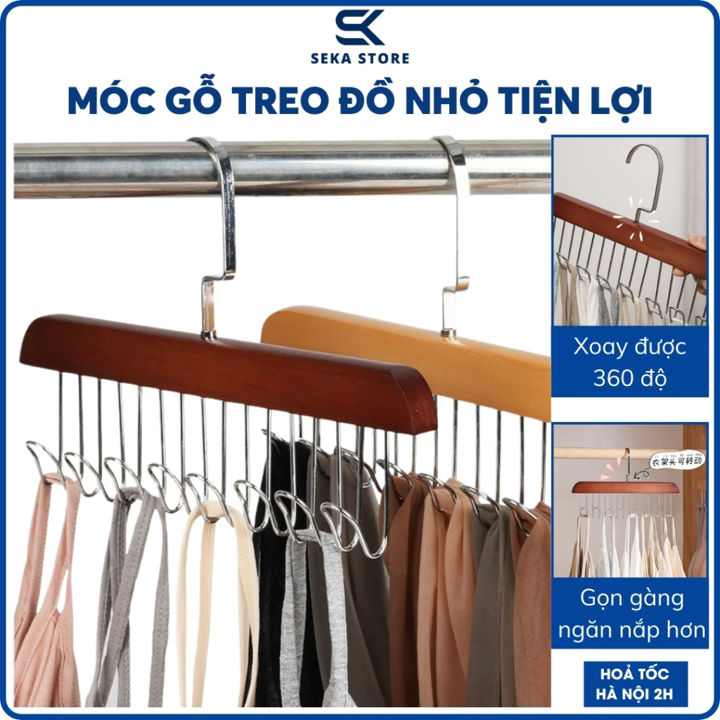 Móc Gỗ Treo Đồ Đa Năng, Móc Treo Đồ Lót, Khăn, Thắt Lưng, Cà Vạt, Áo 2 Dây Tiện Dụng Có Thể Xoay 360 Độ GDNT020