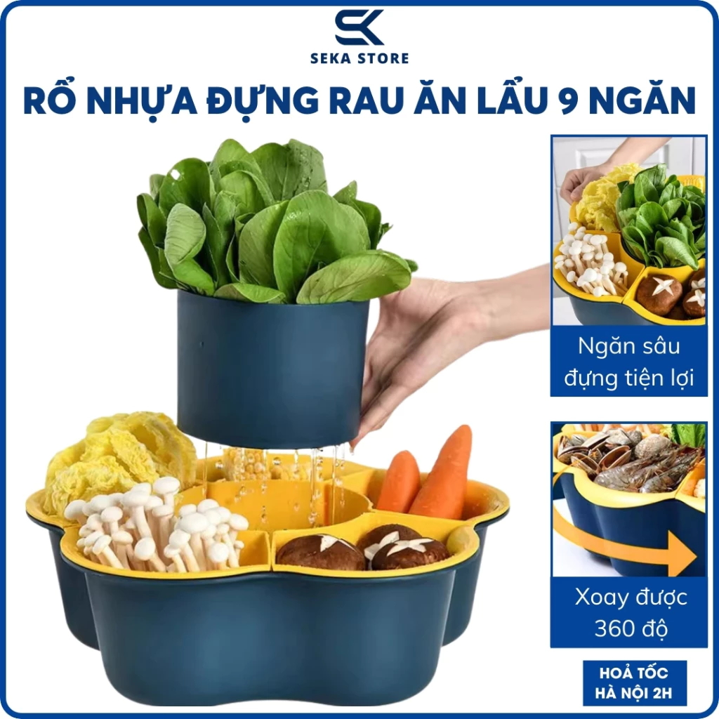 Rổ Nhựa Đựng Rau Ăn Lẩu Xoay 7 Ngăn, Khay Xoay 360 Độ Đựng Rau, Rổ Thoát Nước Cho Gia Đình RO7NGAN