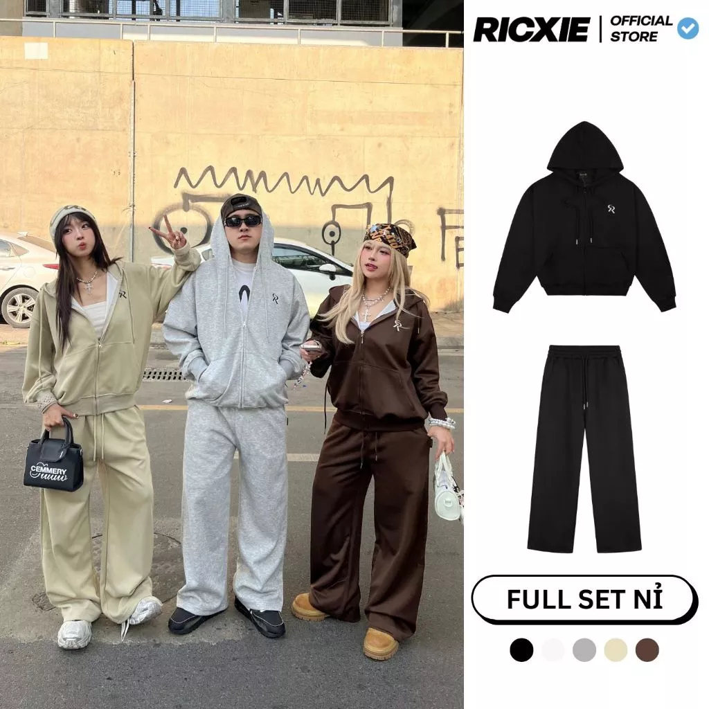 Bộ Nỉ Hoodie Zip Thêu Logo Chữ R & Quần Nỉ Ống Suông Basic RICXIE Form Unisex Chất Liệu Nỉ Bông Cao Cấp Thoải Mái