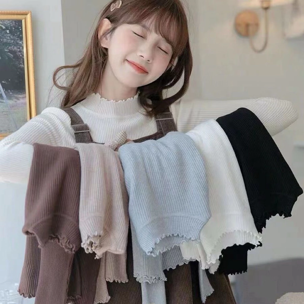 (Hàng QC L1) Áo giữ nhiệt, áo len tăm phối cổ viền bèo ôm body co giãn tốt, Áo len tăm cổ 3 phân hàng QCCC