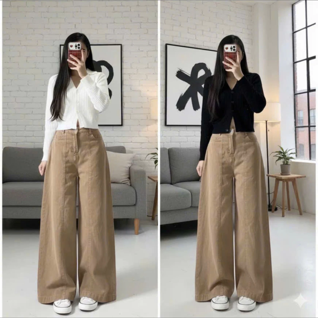 Quần jeans nữ ống suông màu nâu tây cạp cao gân giữa quần bò nữ ống rộng chất vải đẹp mặc đi học đi làm đi chơi