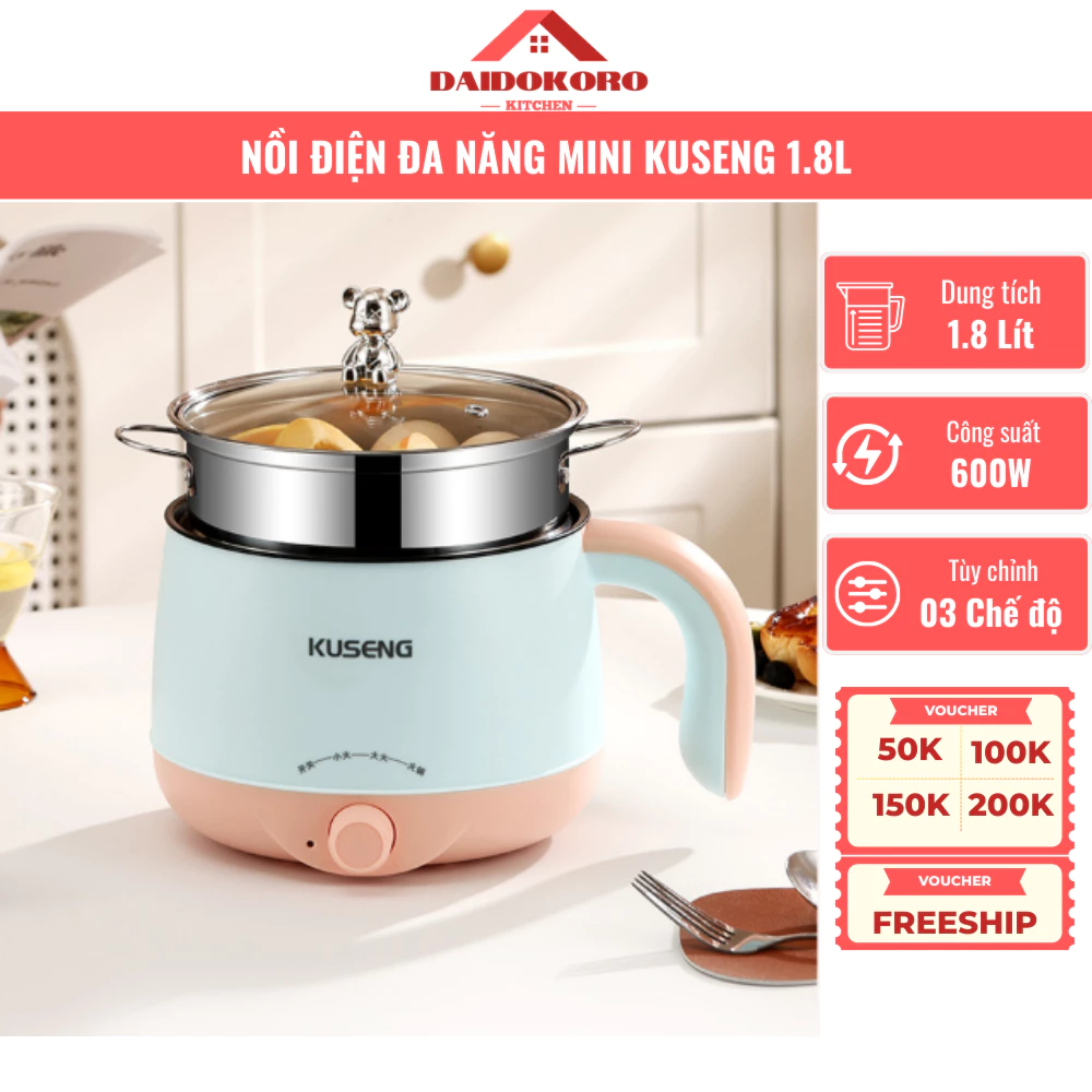 Nồi Lẩu Mini Đa Năng KUSENG 600W Nấu Lẩu, Hầm, Hấp, Chiên, Nấu Mì, Dung Tích 1.8L