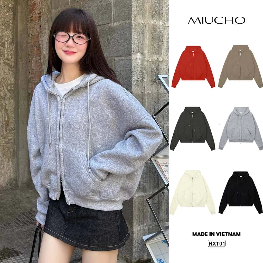 Áo Khoác Hoodie Zip Boxy Miucho Nỉ 2 Da Cao Cấp Dày Dặn Mềm Mại Thoáng Mát HXT02