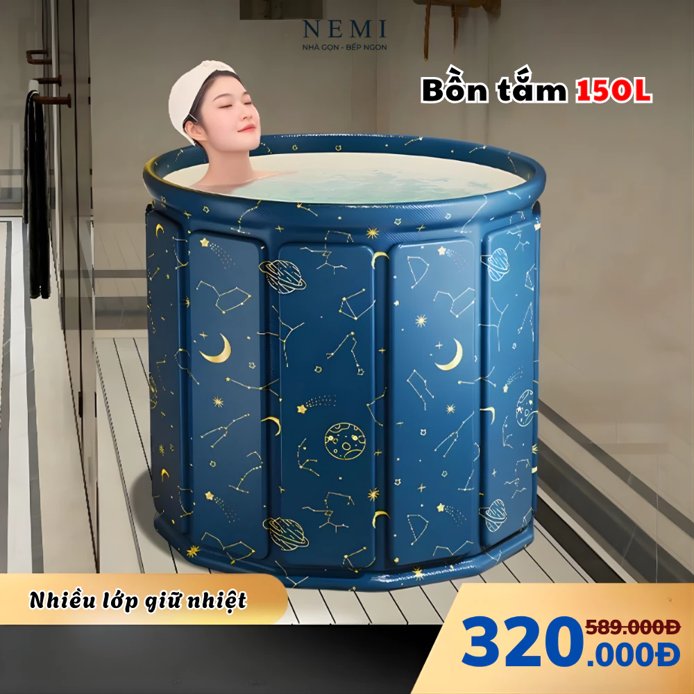 Bồn tắm gấp gọn 150L NEMI cho người lớn cao cấp, độ dày 7 lớp với 12 tấm ván bọc xung quanh chắc chắn, ráp láp dễ dàng