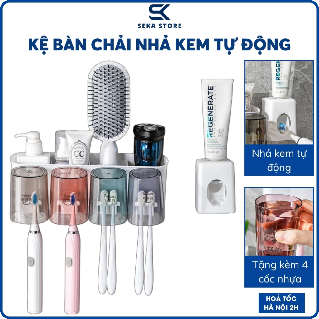 Giá Để Bàn Chải Kem Đánh Răng 4 Cốc, Kệ Để Đồ Nhà Tắm Tiện Lợi Không Cần Khoan Tường GDNT008