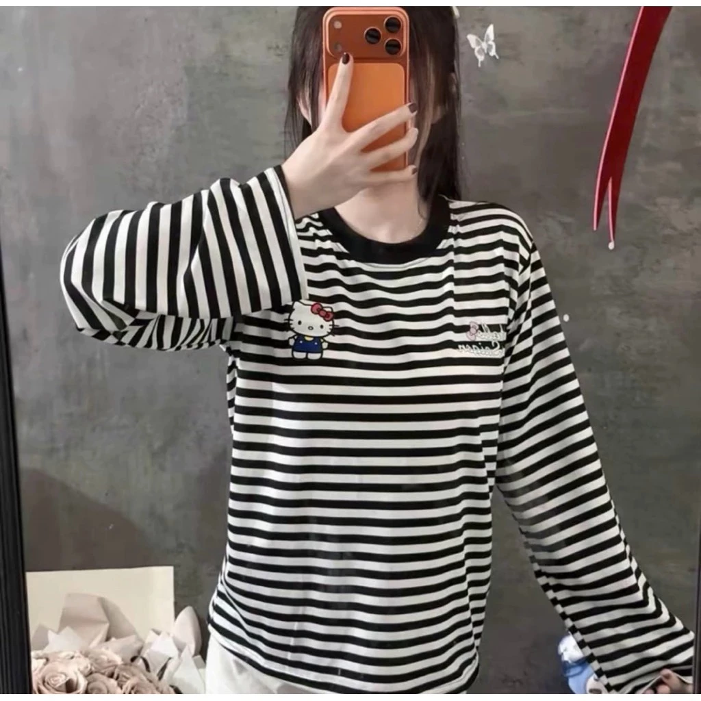 Áo Thun Boxy Tay Dài Vải Cotton Co Giãn 2 Chiều ,Áo Phông Phối Màu Cổ Áo Nhiều Màu Hoạ Tiết Kitty Phong Cách Hàn