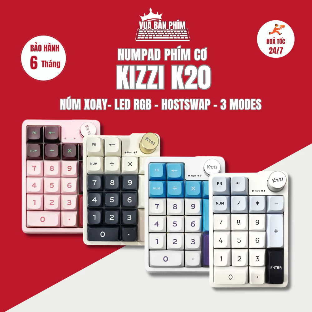 [Hàng Sẵn] Bàn phím số cơ | numpad không dây Kzzi k20 không dây, mạch xuôi, hotswap, núm xoay, led rgb, nhỏ gọn