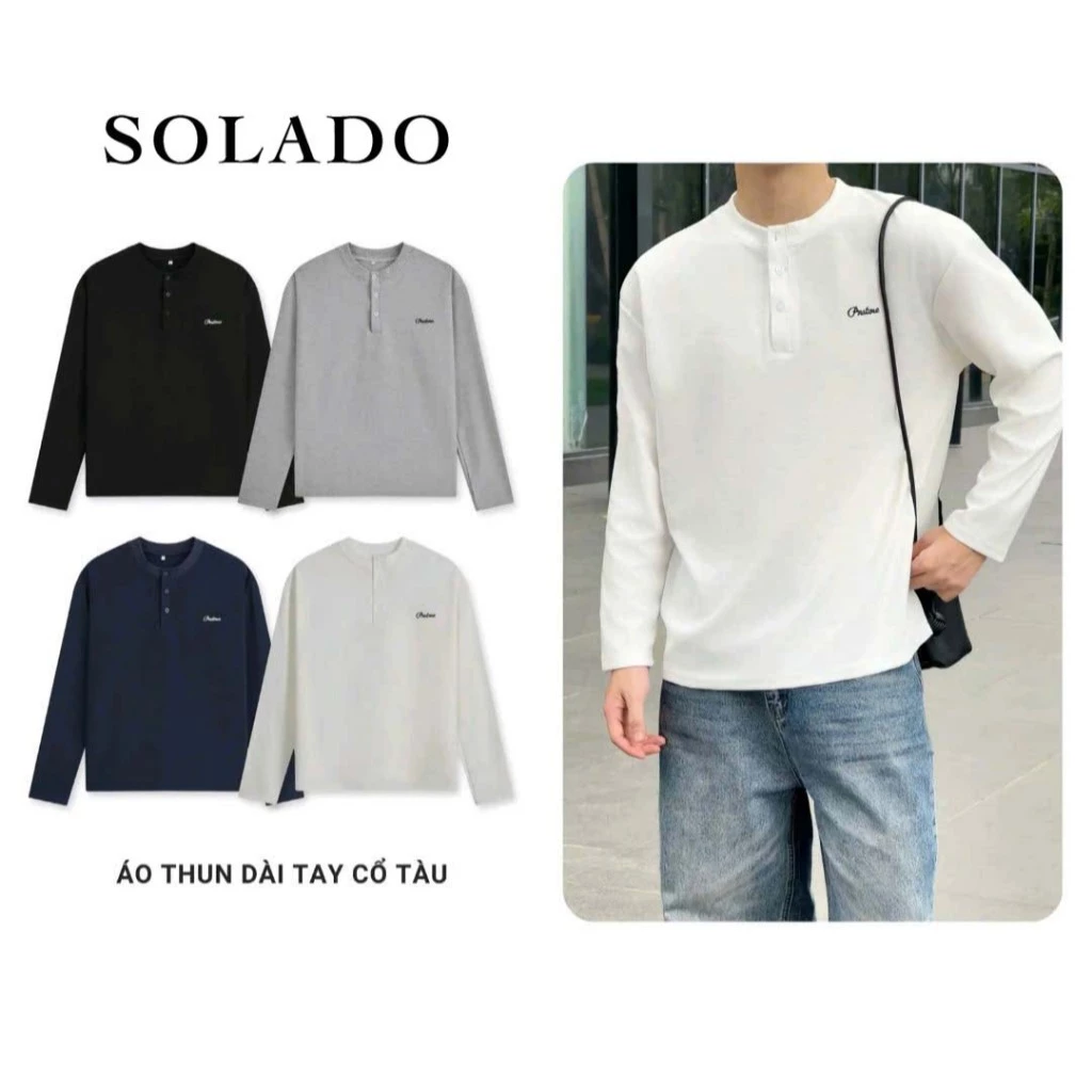 Áo Thun Dài Tay Cổ Tàu Thêu Form Regular SOLADO Chất Liệu Small Waffle Mềm Mịn Unisex Nam Nữ Local Brand ATDT04