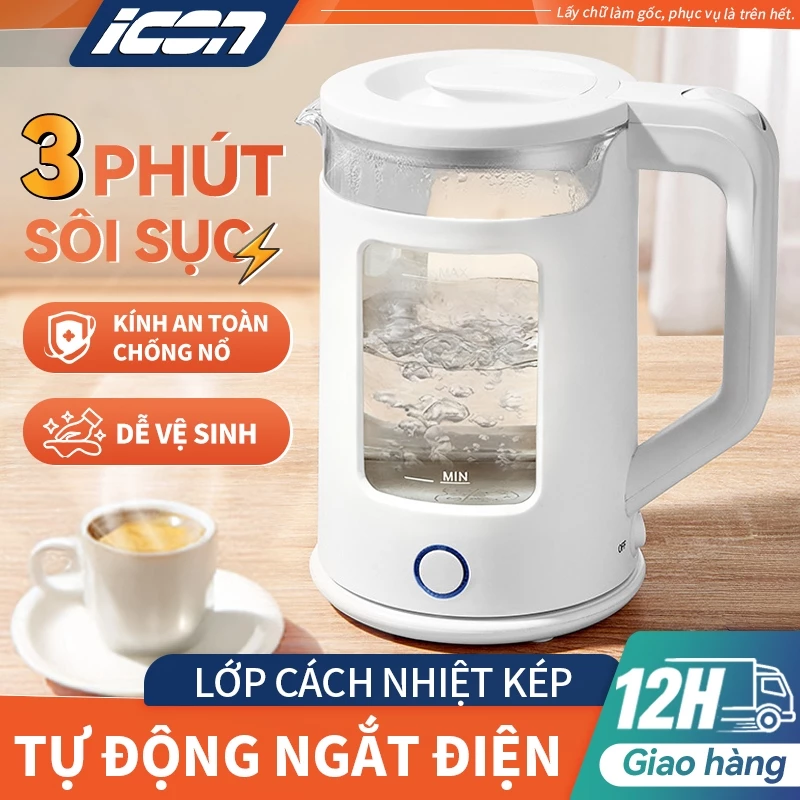 ICON Ấm đun nước điện 2 lít, đun sôi nhanh, thủy tinh chịu nhiệt, tự động ngắt khi sôi, bảo hành 2 năm