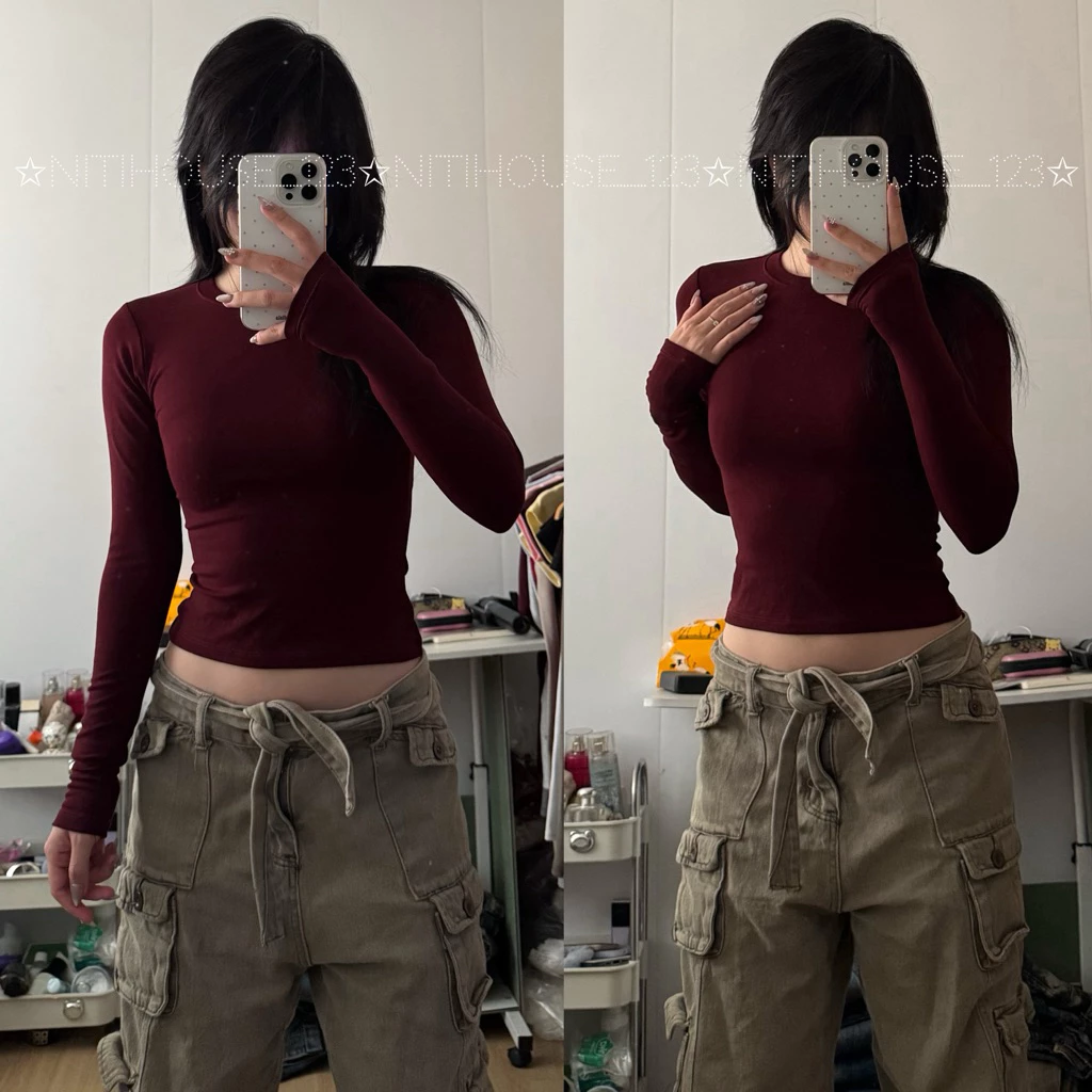 [NEW] Áo thun tay dài giữ nhiệt dáng lửng ôm body thu đông cotton trơn
