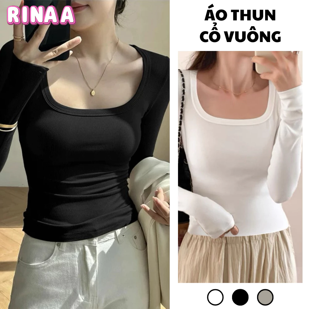 Áo Thun Cổ Vuông  Ôm body Dài Tay Dáng Basic Thắt Eo Chất Liệu Co Giãn Dễ Phối Đồ