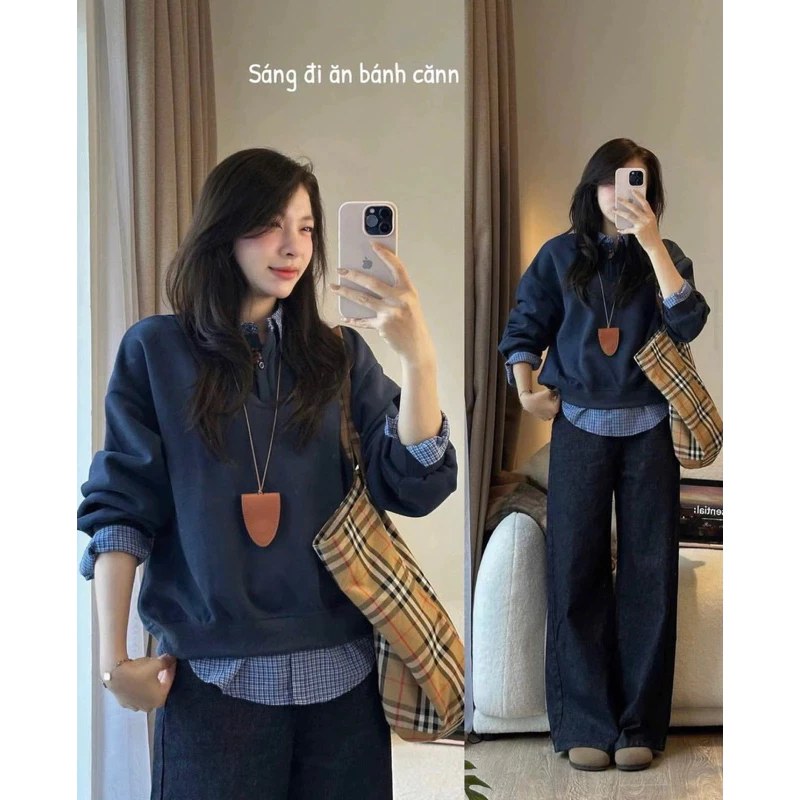(Hàng có sẵn) Áo sweater nỉ phối sơ mi kẻ xanh đậm LIỀN THÂN QC Đi làm, đi chơi