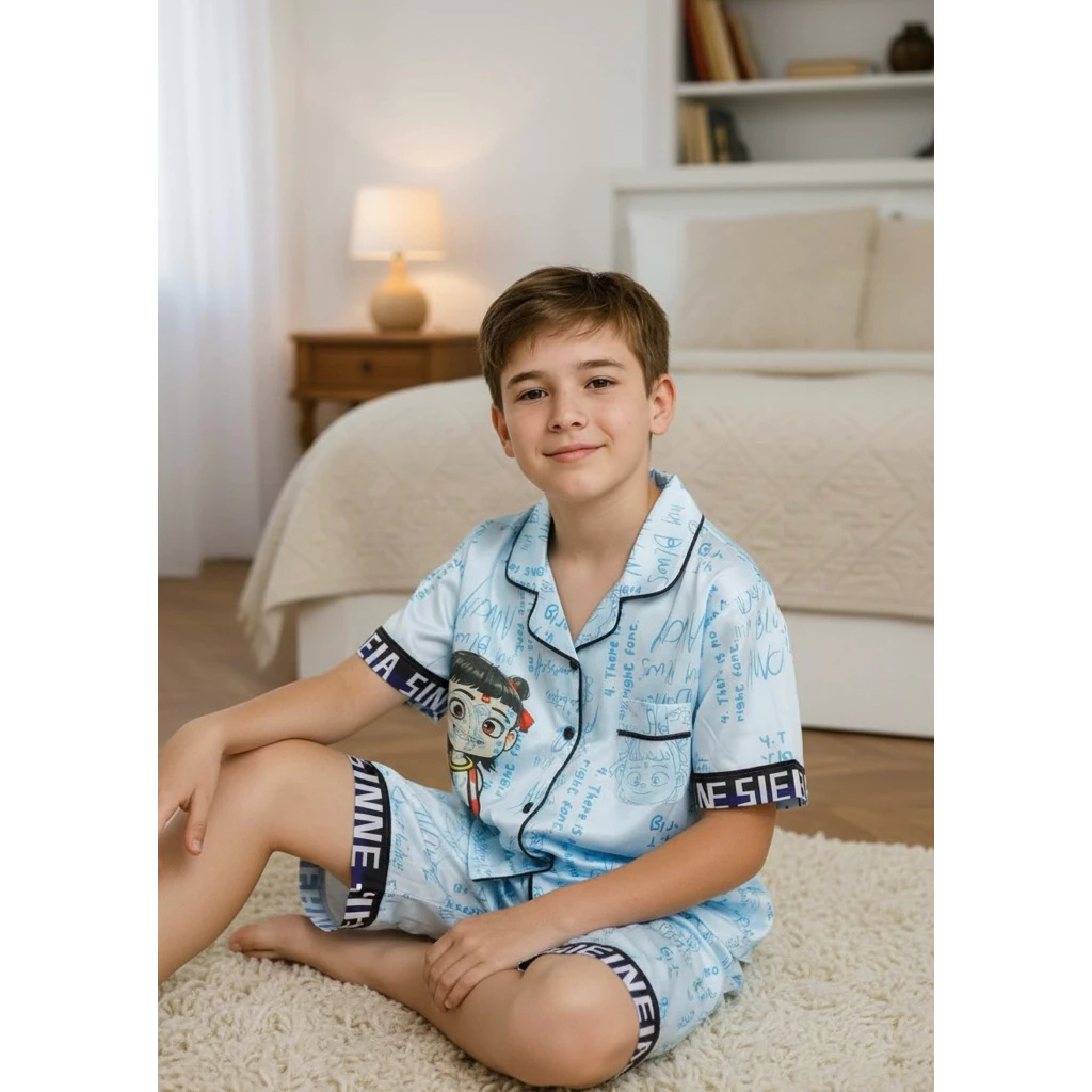 Bộ pijama trẻ em unisex áo cộc, quần đùi vải lụa latin họa tiết natra | Đồ ngủ trẻ em cao cấp, mềm mát, mặc ở nhà