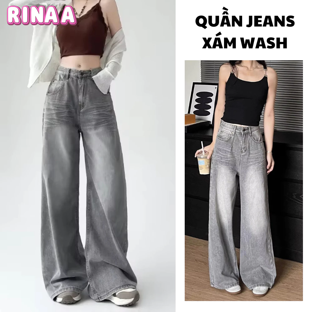 Quần Jean Nữ Ống Rộng Màu Xám Wash RINAA Dáng Suông Cạp Cao, Quần Jean Style Nữ Cá Tính