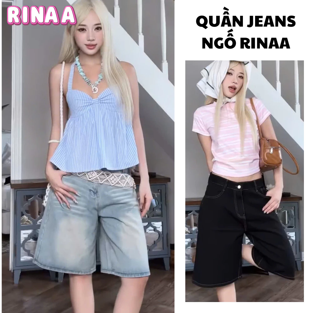 Quần Short Jeans lửng RINAA, quần bò ngố lửng wash ống rộng form unisex nam nữ