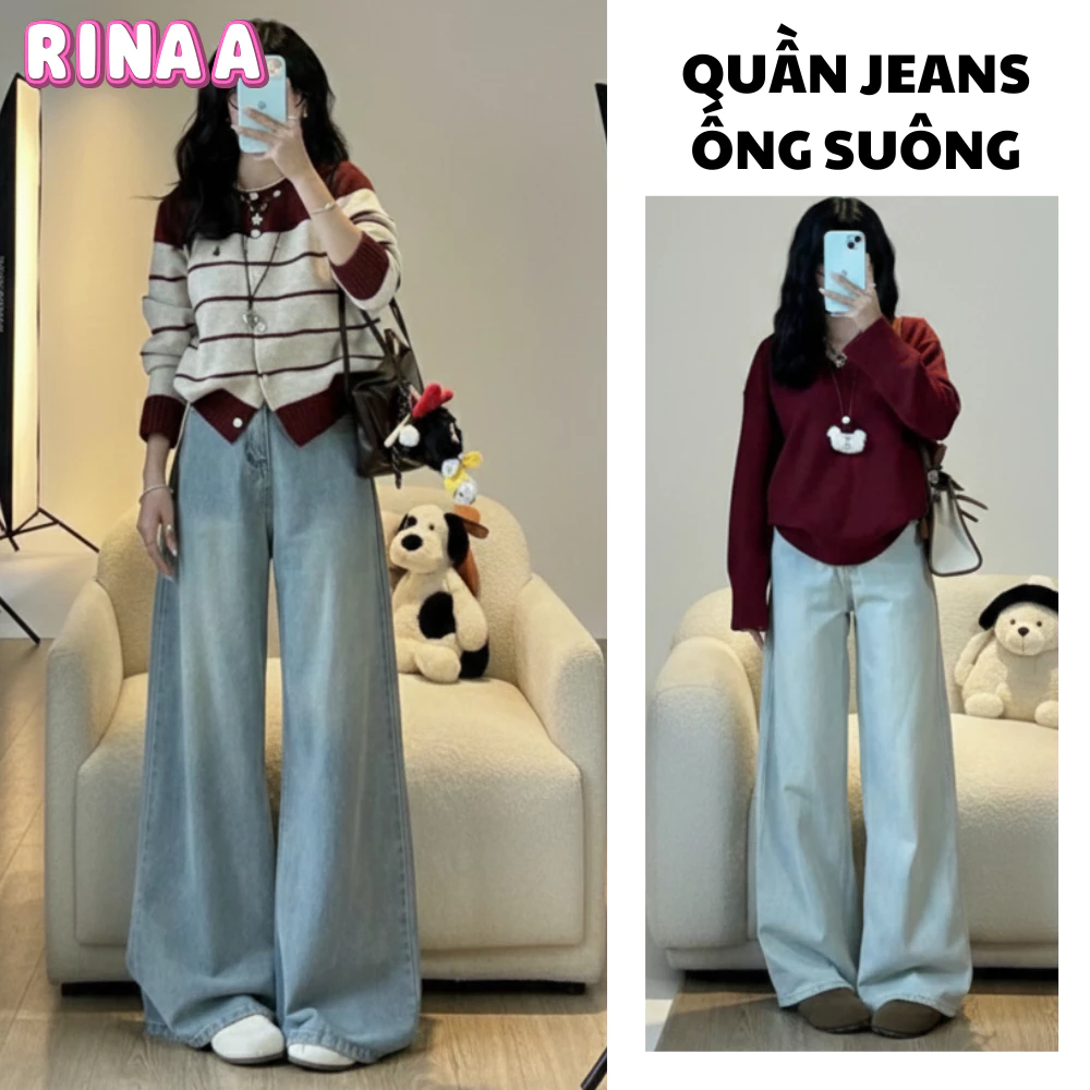 Quần jeans nữ Blue White RINAA lưng cao ống suông ôm eo cực tôn dáng, quần suông hách dáng siêu xinh
