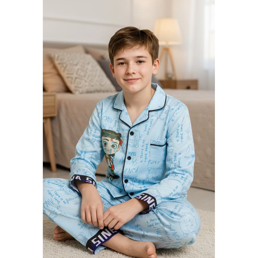 Bộ pijama trẻ em unisex áo dài, quần dài vải lụa latin họa tiết natra chữ | Đồ ngủ trẻ em cao cấp, mềm mát, mặc ở nhà