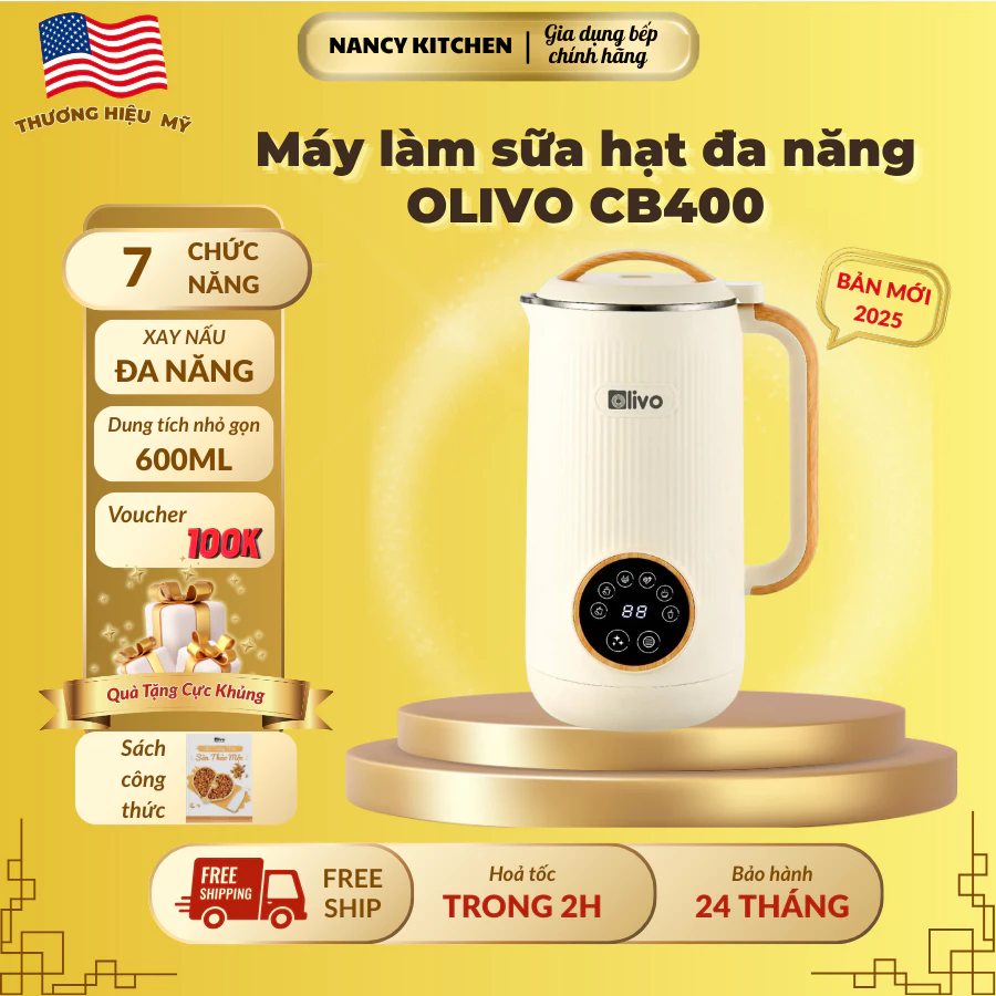 Máy xay nấu sữa hạt Olivo CB400 Pro - Nắp inox 304 - thể tích 600ml - công suất 750W -7 chế độ nấu