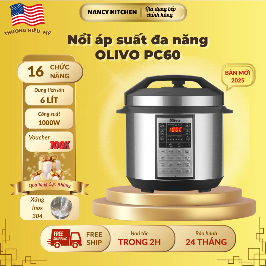 [Chính hãng] Nồi áp suất đa năng OLIVO PC60-16 chức năng-Thể Tích 6L- C.Suất 1000W- BH 24 tháng