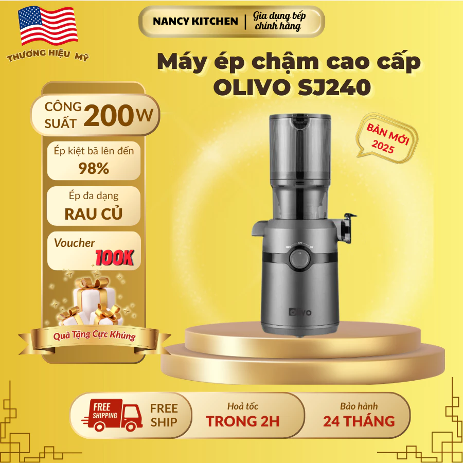Máy ép chậm cổ rộng đa năng Olivo SJ240-phiên bản màu Titanium-ép nguyên quả-làm kem-công suất 200W