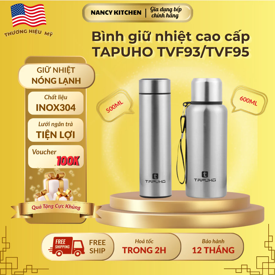 Bình giữ nhiệt Tapuho TVF93 Thể tích 500ml - BGN TVF95 thể tích 600ml-giữ nhiệt nóng & lạnh-chất liệu inox 304