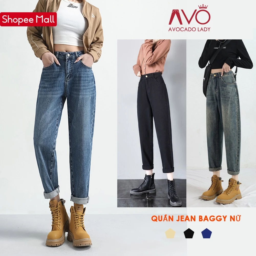 Quần jean bò nữ baggy cạp cao AVO AVOCADO chất vải jean cao ỐNG CÔN cao cấp