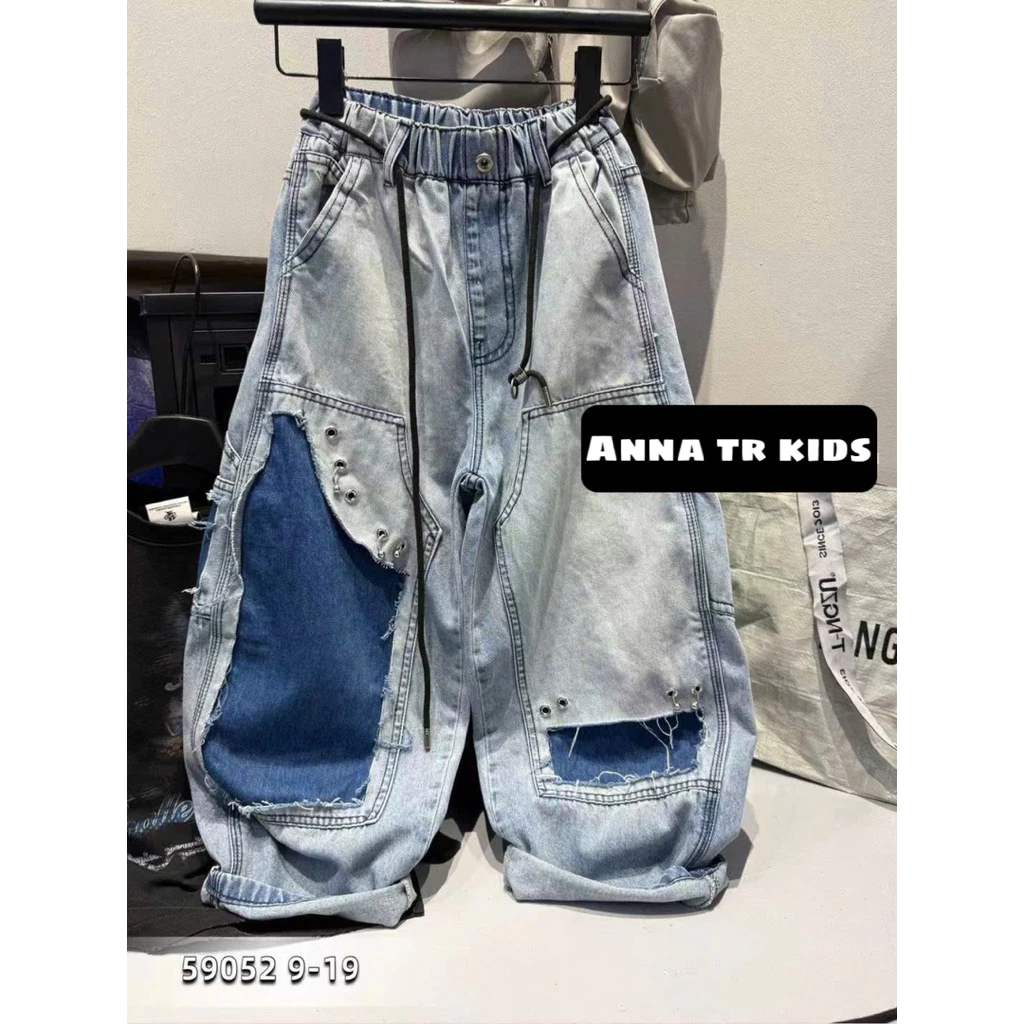 ( Ảnh Thật )[120-170] 74465 Quần Jeans xanh phối màu cực chất  Trẻ Em Quảng Châu Cao Cấp