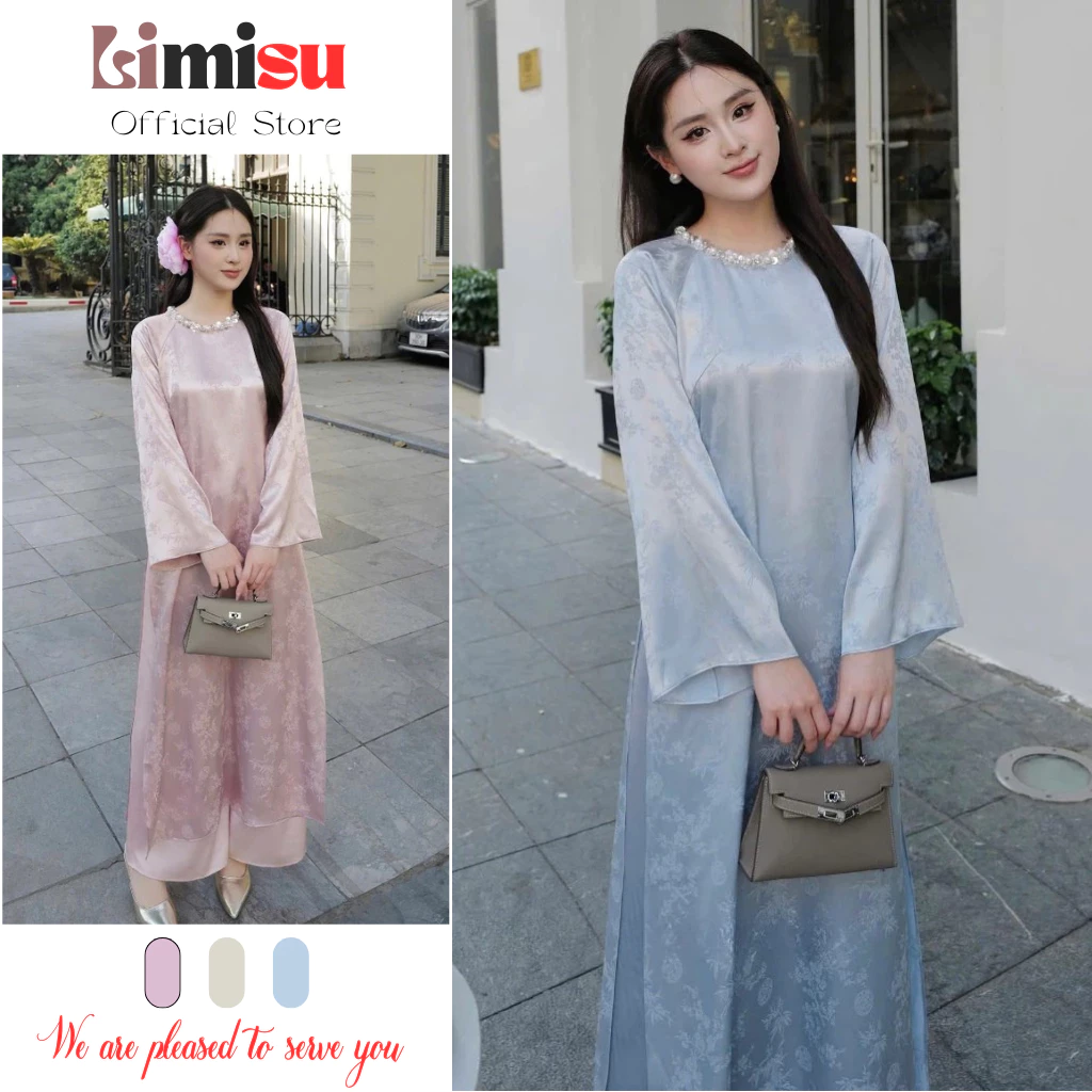 Áo Dài Gấm Dáng Suông TÂM GIAO LIMISU Thiết Kế Dáng Cách Tân Tay Loe Cổ Đính Kết Thủ Công