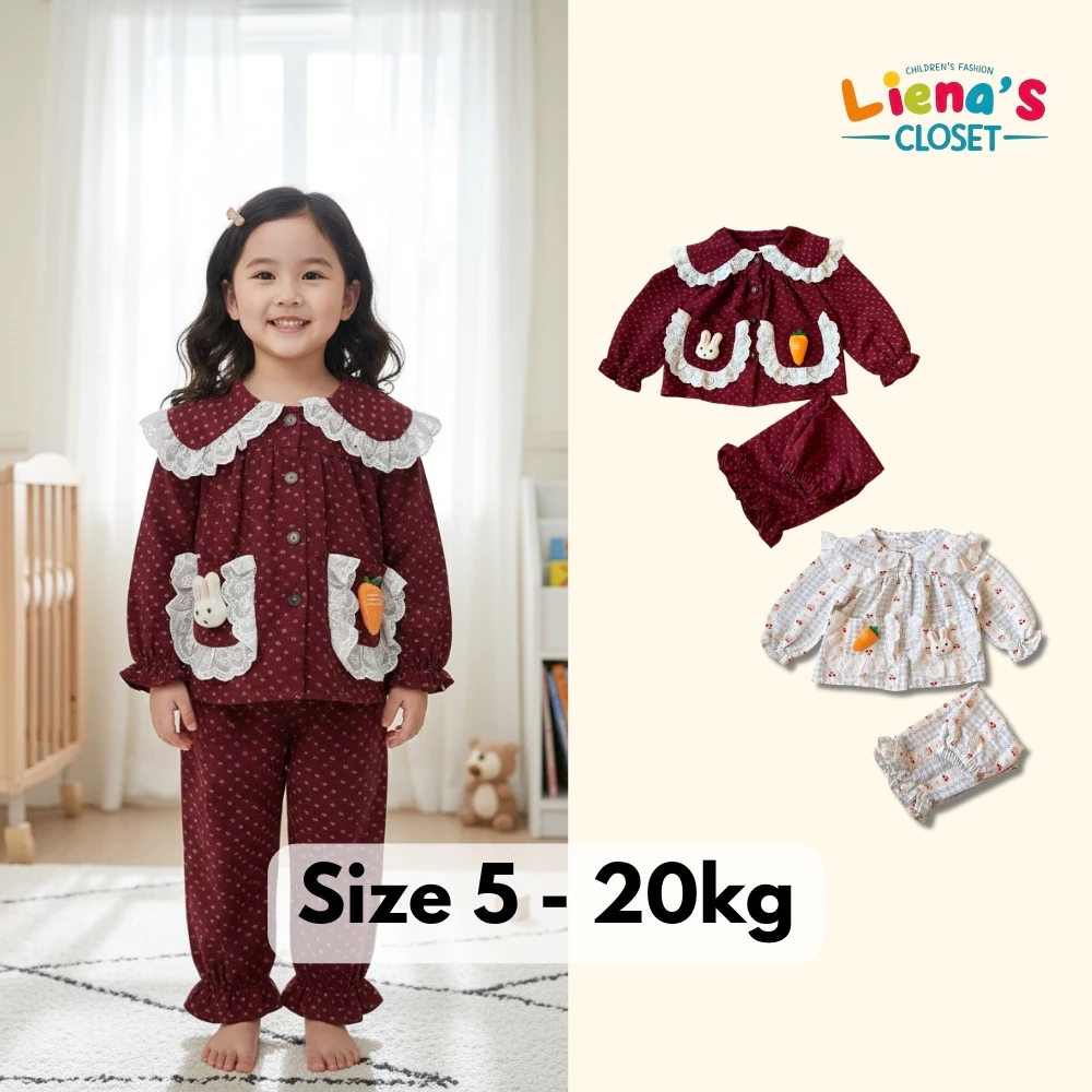 Bộ Dài Tay Cho Bé Gái Chất Đũi Cổ Sen Ren Bèo, Thêu Thỏ Cà Rốt Xinh Xắn Nhà Liena’s Closet