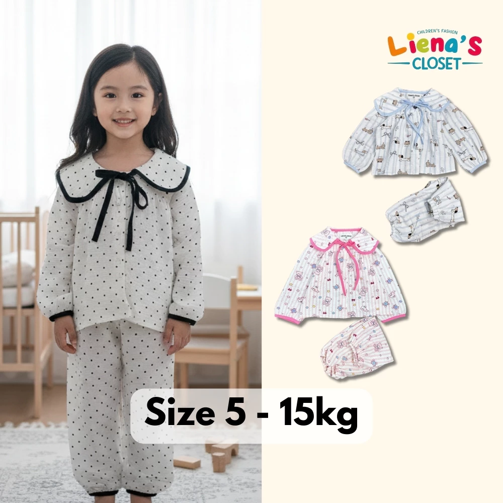 Bộ Pijama Dài Tay Cổ Sen Phối Dây Viền Dễ Thương Đáng Yêu Cho Bé Gái Nhà Liena'S Closet DT12