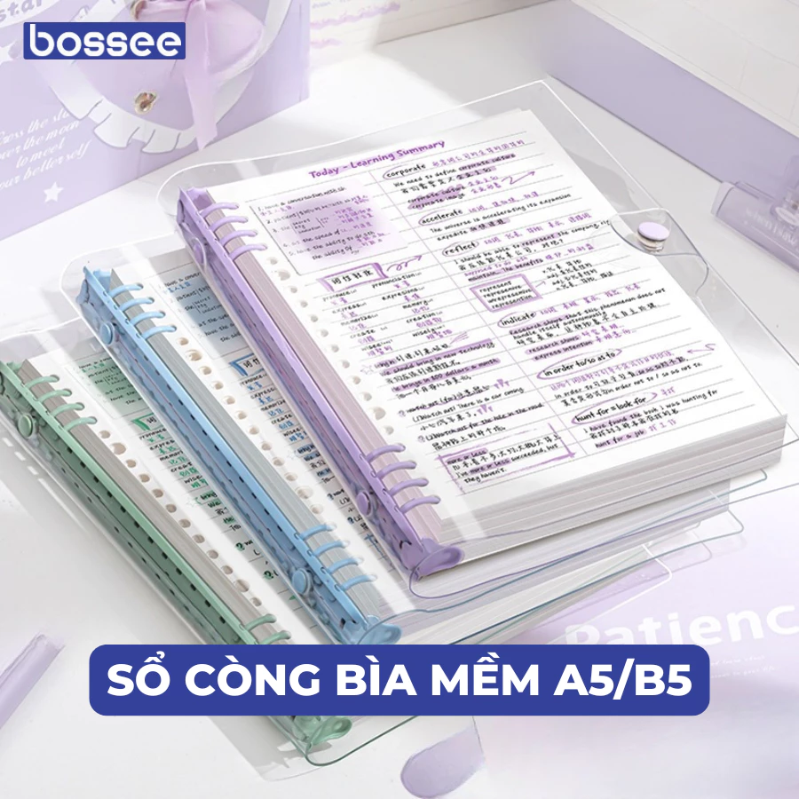 Sổ còng bìa mềm Bossee màu pastel A5/B5 120 trang, chống thấm, chống xước, khuyết còng không đau tay, dễ dàng thay giấy