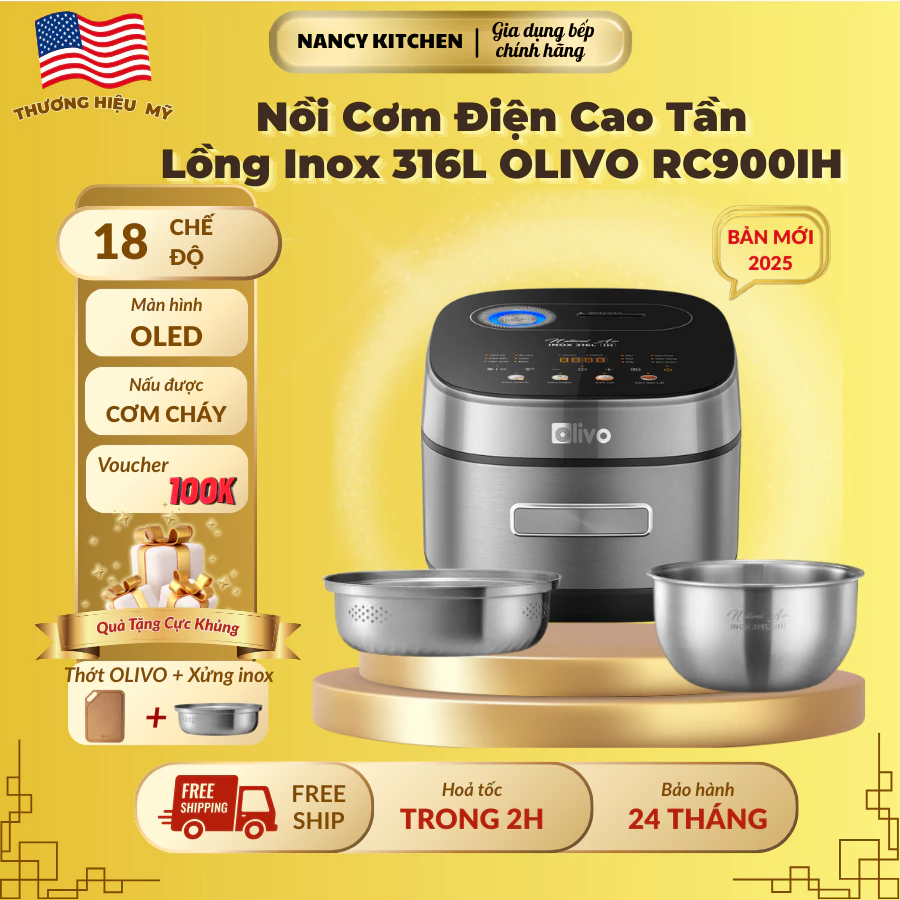 1.[Chính hãng] Nồi cơm điện cao tần Olivo RC900IH, lòng inox 316L, dung tích 1.5 lít,màn hình Oled