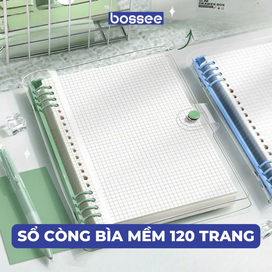 Sổ còng bìa mềm  A5/B5 bền nhẹ, nút bấm an toàn, còng sắt 8 lỗ lớn không vướng tay, lưu trữ nhiều giấy, sử dụng lâu dài