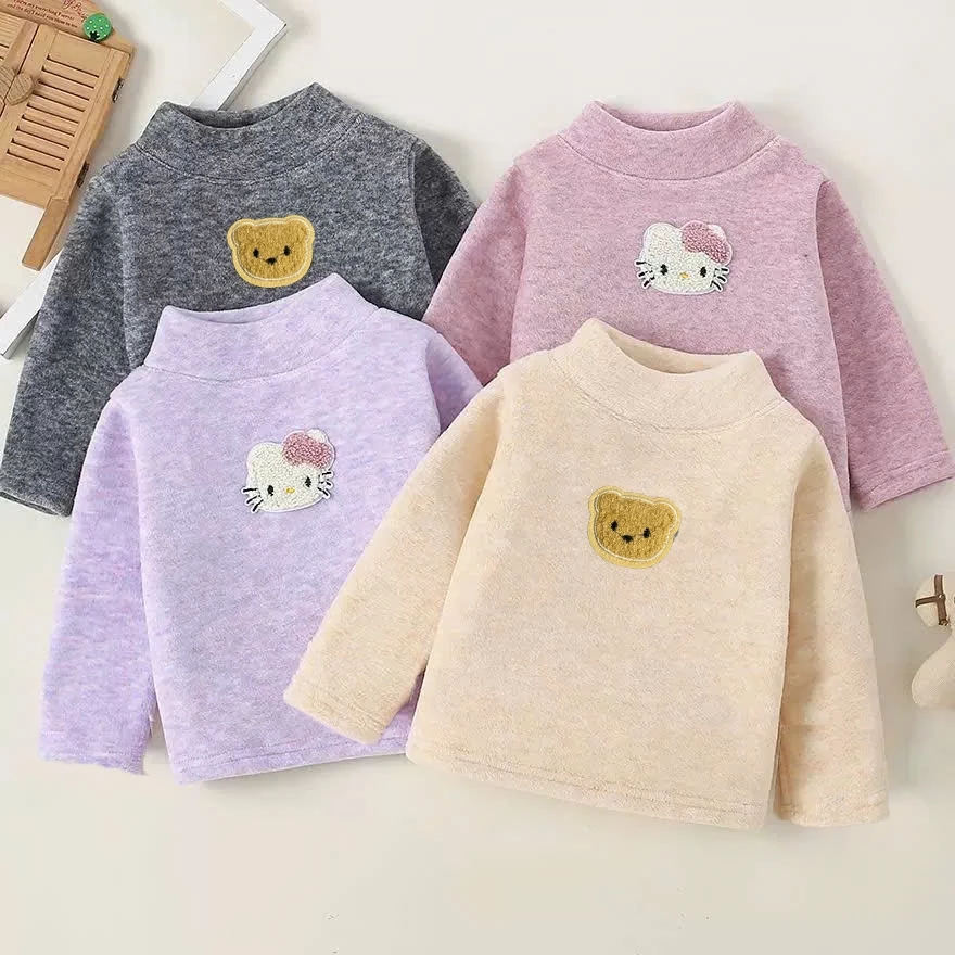 Áo giữ nhiệt- len lông thỏ cho bé, cổ 3cm, hình may nổi trên , 3 màu, sz 8-19 kg đồ mùa đông cho bé Bộ quần áo