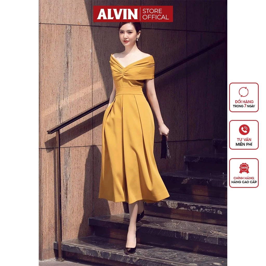 Đầm xoè dài hở vai ngang xếp ly Alvin Store 2571