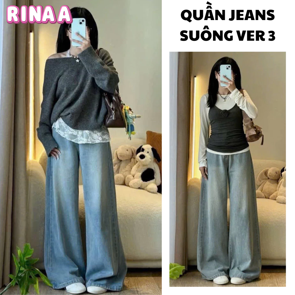 Quần jean Ver 3 ống rộng dáng suông nam nữ Rinaa, chất dày dặn tôn dáng phù hợp mọi phong cách