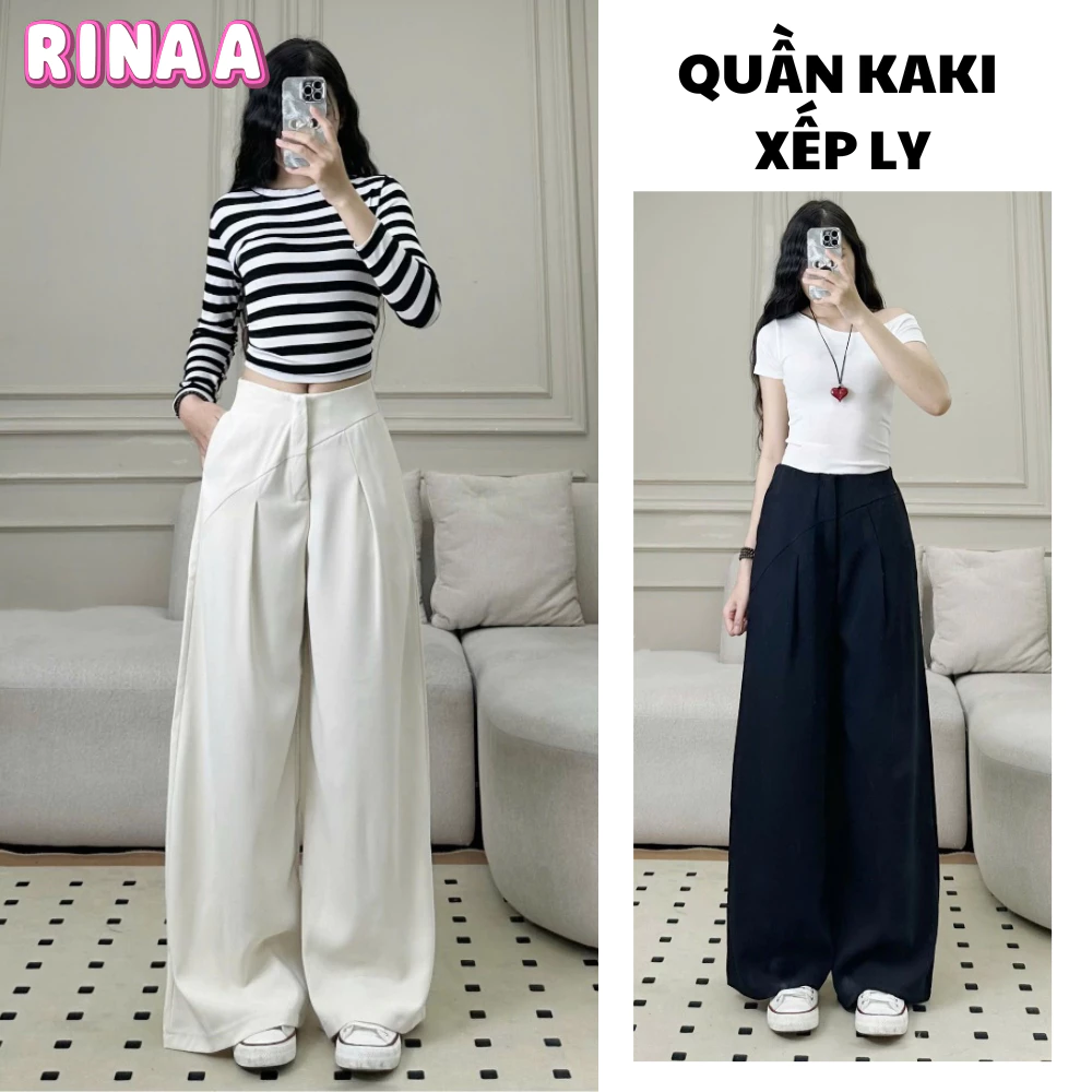 Quần kaki xếp ly ống rộng suông nam nữ lưng cao RINAA cạp chun phong cách Hàn Quốc
