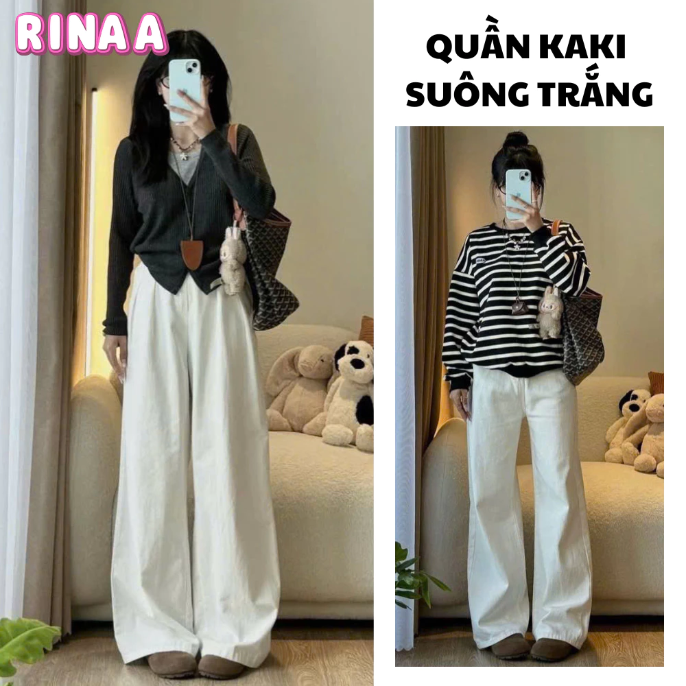 Quần jeans kaki baggy RINAA nam nữ trơn nữ ống rộng cạp cao thời trang trẻ trung năng động
