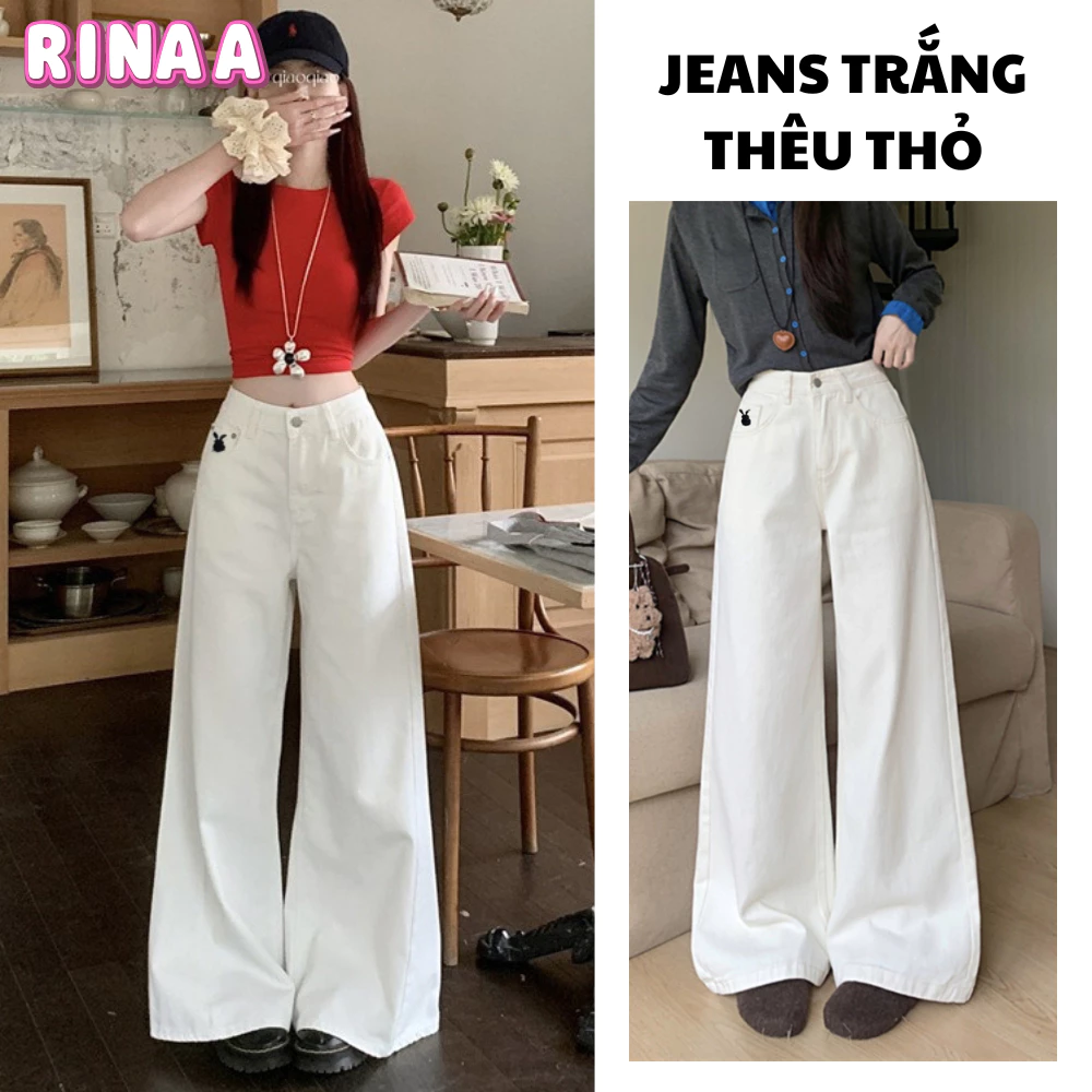 Quần jean kaki nữ trắng thêu thỏ dáng suông cạp cao chất jean mềm tôn dáng dễ phối đồ - RINAA