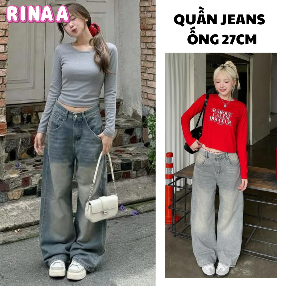 Quần jean nữ RINAA ống suông rộng cạp cao ôm eo cực tôn dáng phong cách Retro Ulzzang hot trend