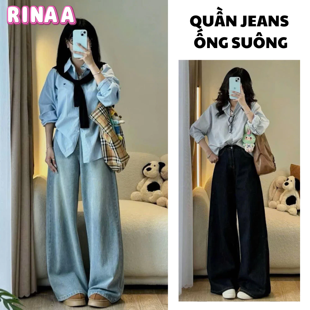 Quần jeans dài Wash RINAA ống rộng cạp cao tôn dáng nam nữ, quần bò ống suông unisex