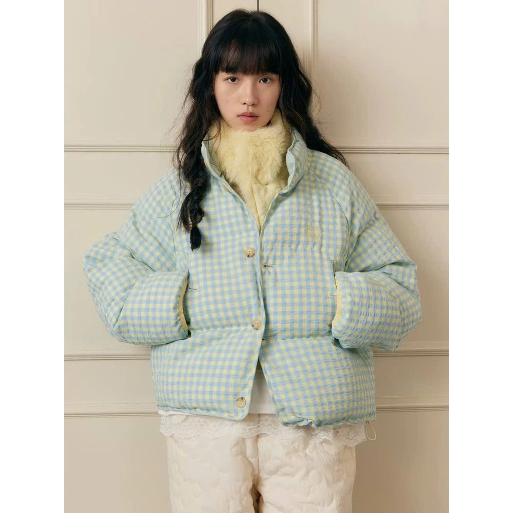 Áo Phao Nữ Caro Dáng Ngắn Siêu Ấm - Form Rộng Gingham Hàn Quốc,Trần Lông Vũ Dày, Mặc Đông – Nhiều Màu Đẹp