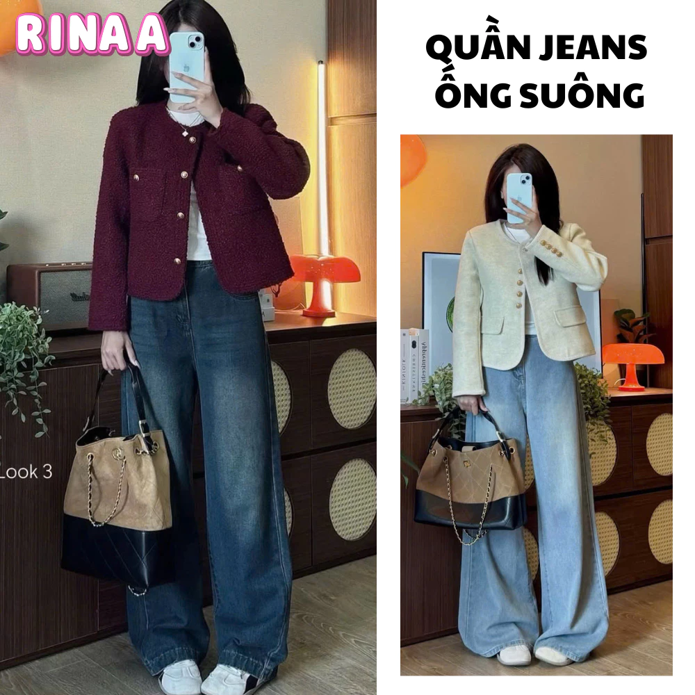 Quần jean MIAA ống suông nữ màu RETRO cạp cao, quần jean suông ống rộng lưng cao ôm eo cực tôn dáng