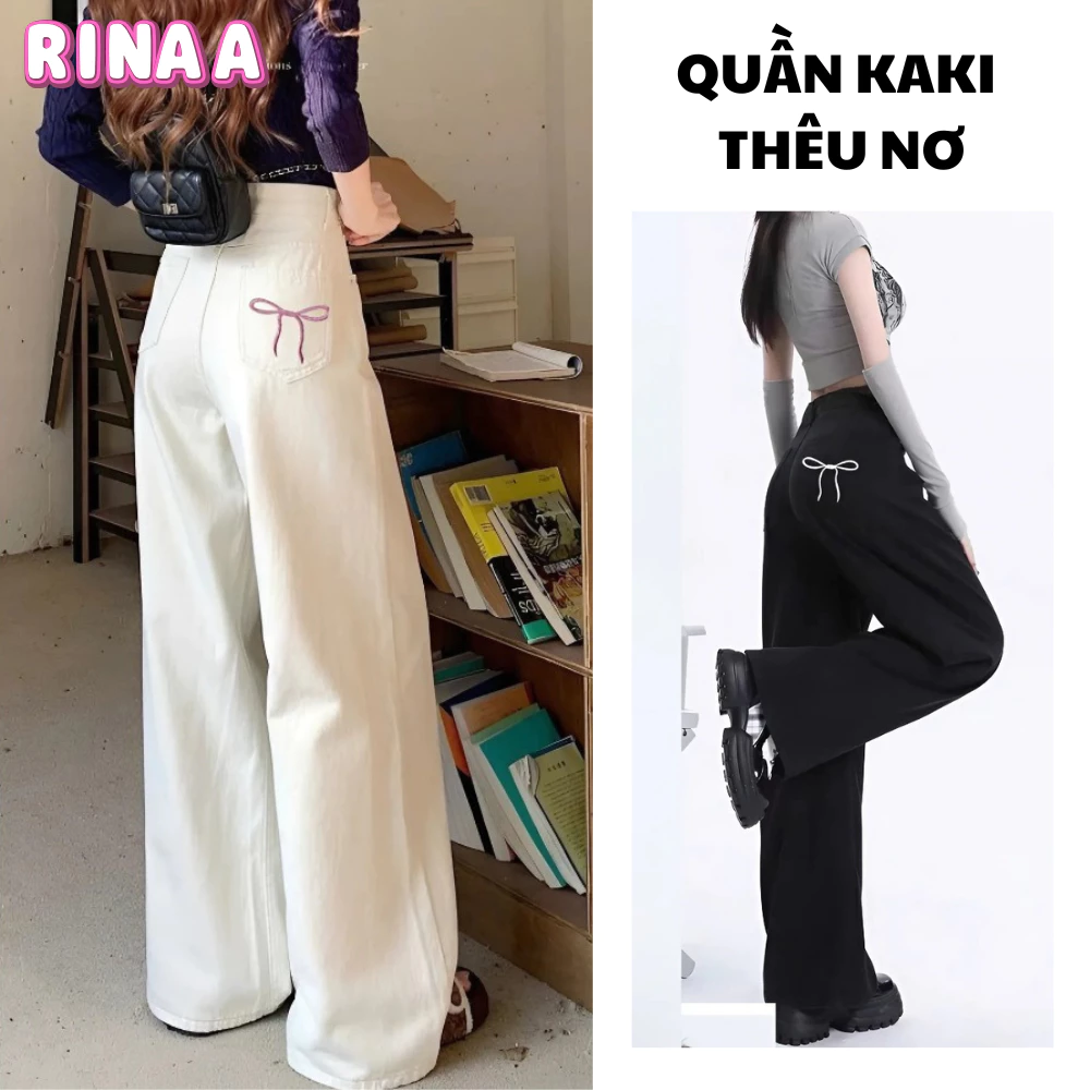 Quần kaki nữ ống rộng, quần suông rộng cạp cao thêu nơ chuẩn form tông dáng phong cách, cá tính